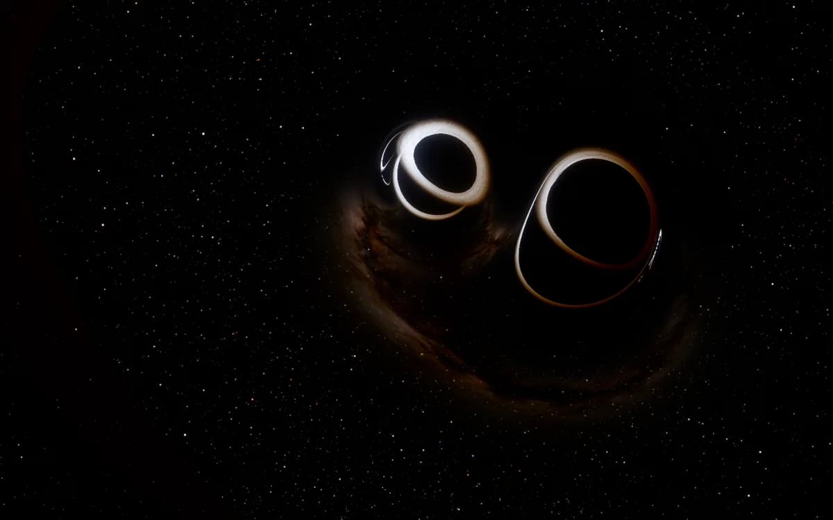 Two black holes, each lit by its own small disk, inside a dark ring of gas